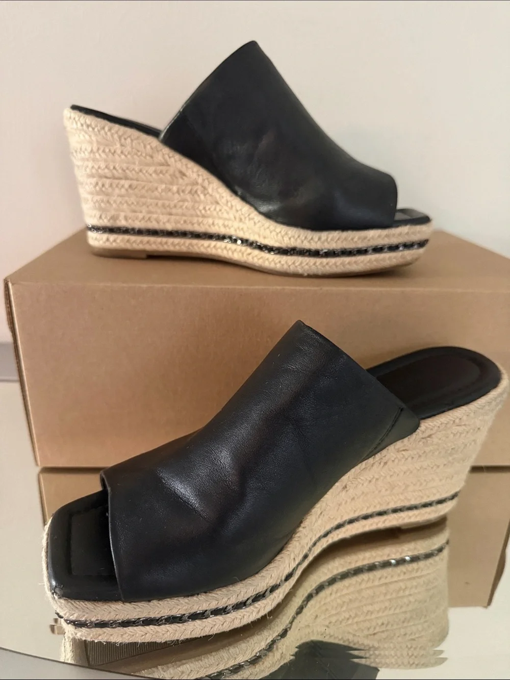 KARL LAGERFELD Corissa Black Leather Espadrille Platform Wedge Sandals 8.5 Women